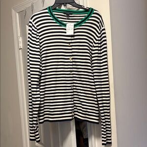 NWT J. Crew Navy & White Striped Cotton Cardigan Green Accent Gold Buttons XL